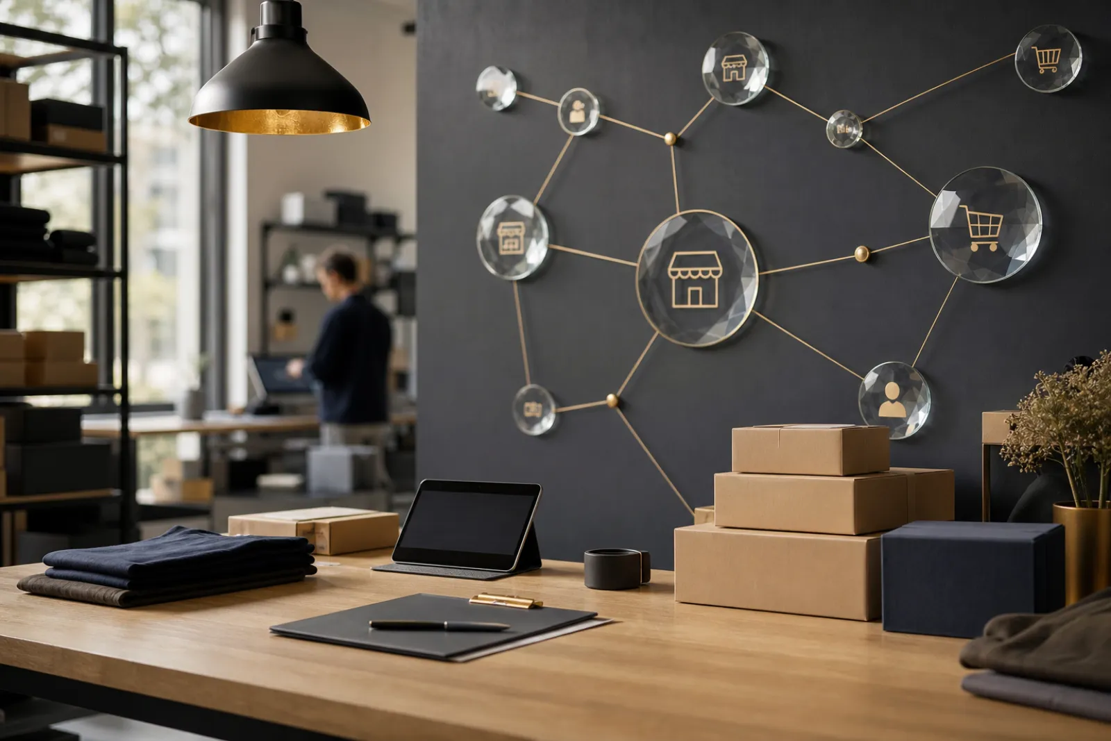 connected ecommerce operations studio with abstract workflow nodes